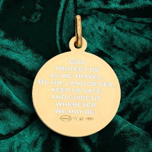 9ct Gold St. Christopher pendant featuring traditional safe travel image. Embossed design, measures 18mm in diameter.