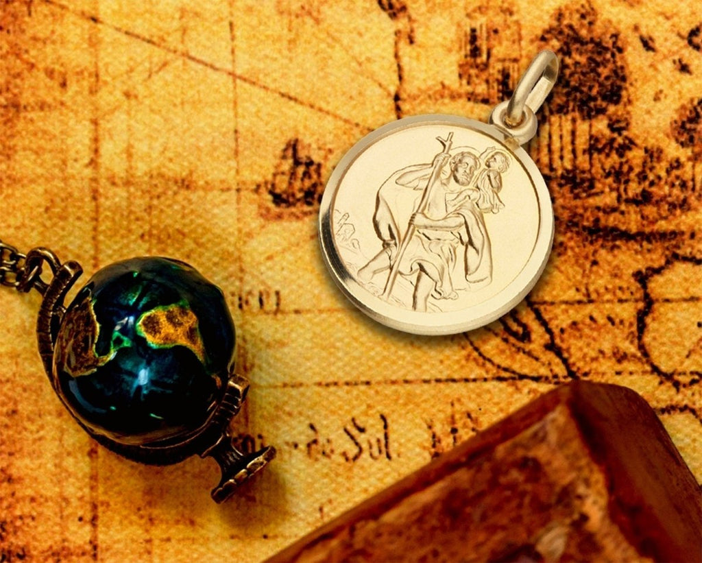 9ct Gold St. Christopher pendant featuring traditional safe travel image. Embossed design, measures 18mm in diameter.