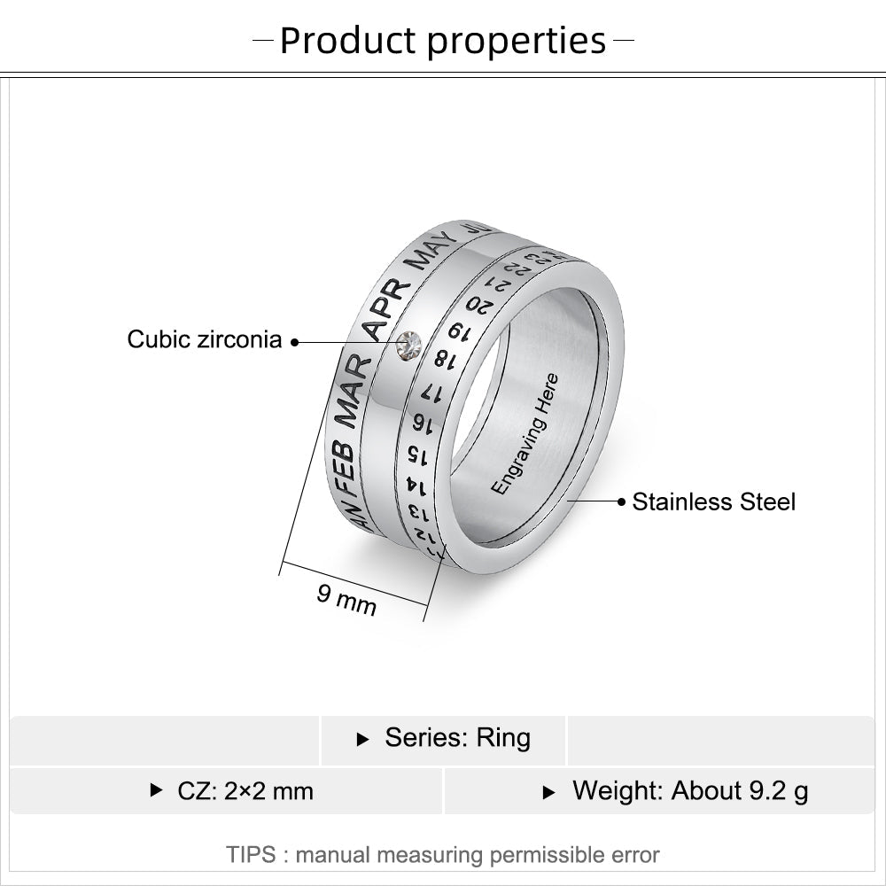 Personalized stainless steel ring, special date engraving, anniversary ring, available in white gold plated, US sizes 6-9.