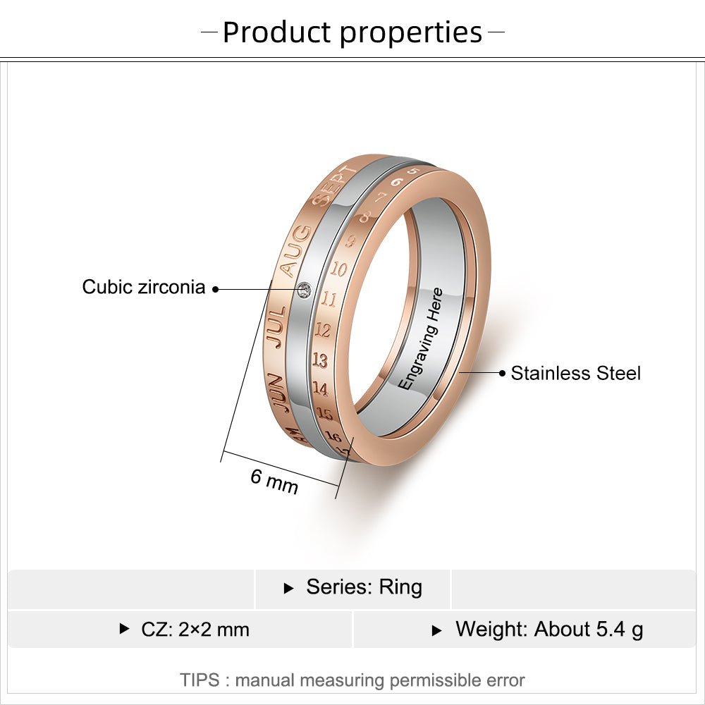Personalized stainless steel ring, special date engraving, anniversary ring, available in white gold plated, US sizes 6-9.