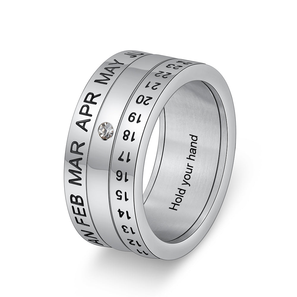 Personalized stainless steel ring, special date engraving, anniversary ring, available in white gold plated, US sizes 6-9.
