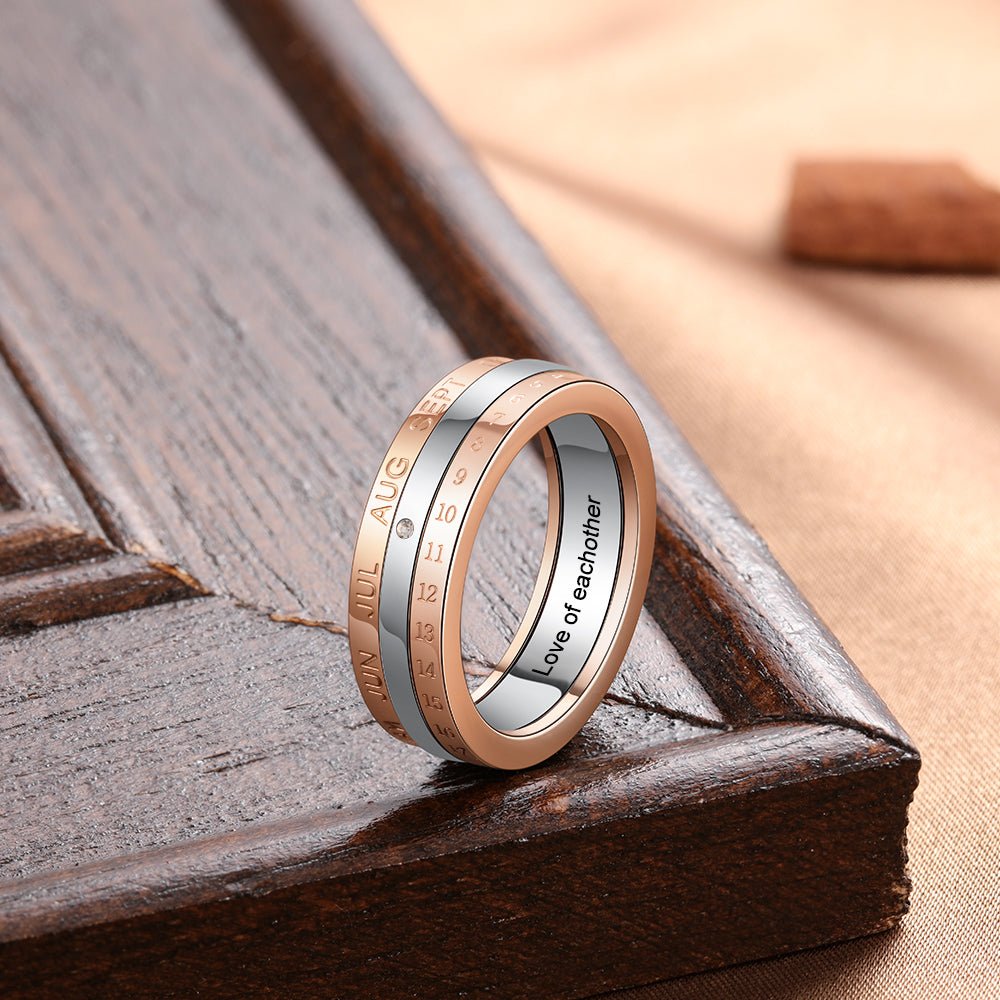 Personalized stainless steel ring, special date engraving, anniversary ring, available in white gold plated, US sizes 6-9.