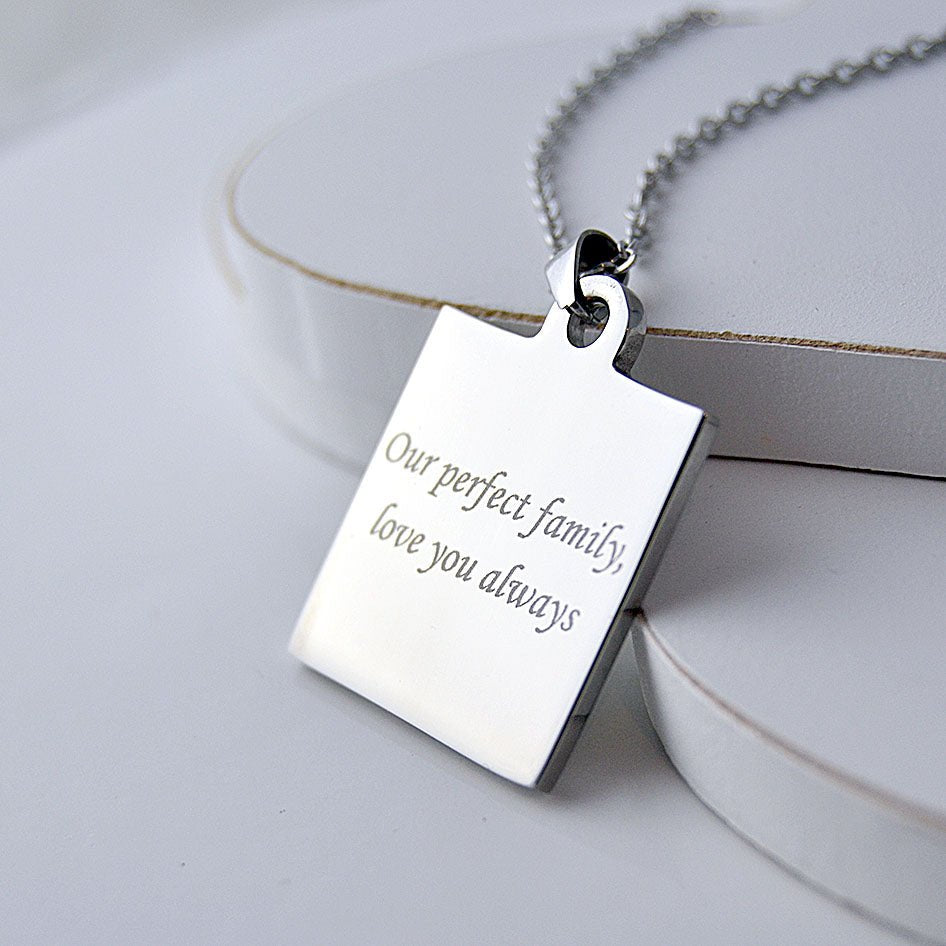 Personalized square photo engraved pendant, custom text or image, perfect for Father's Day gift.