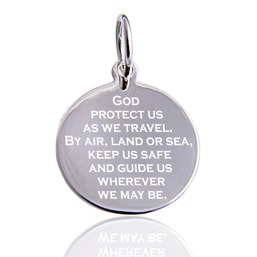 Sterling silver St. Christopher necklace with antique finish, featuring an engravable back and a heartfelt traveler's prayer.