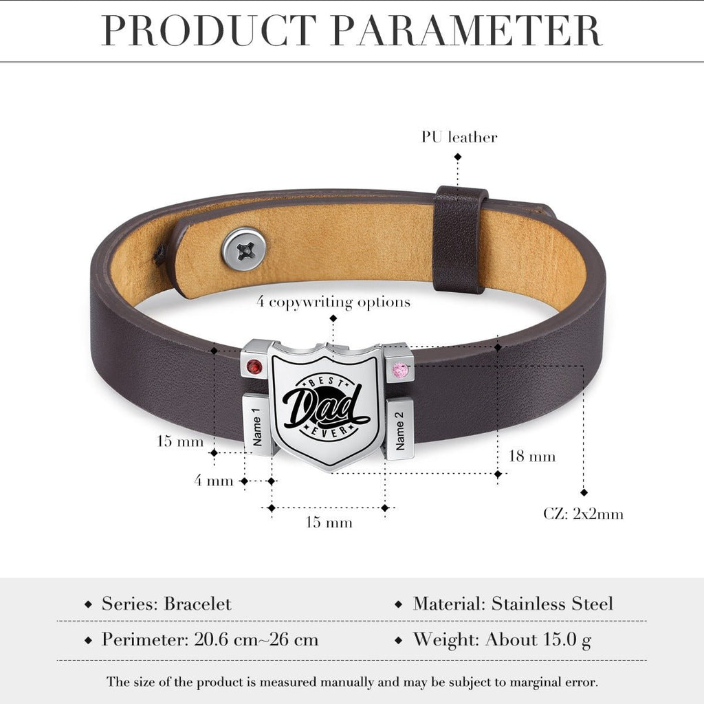Personalized stainless steel leather bracelet for dads, adjustable, with birthstones and engraved names, gold/white gold plated, 20.6-26cm.