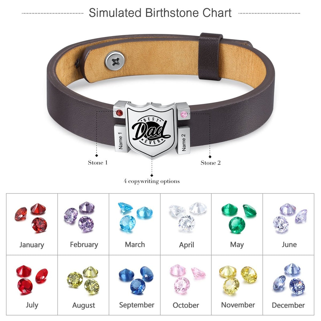 Personalized stainless steel leather bracelet for dads, adjustable, with birthstones and engraved names, gold/white gold plated, 20.6-26cm.
