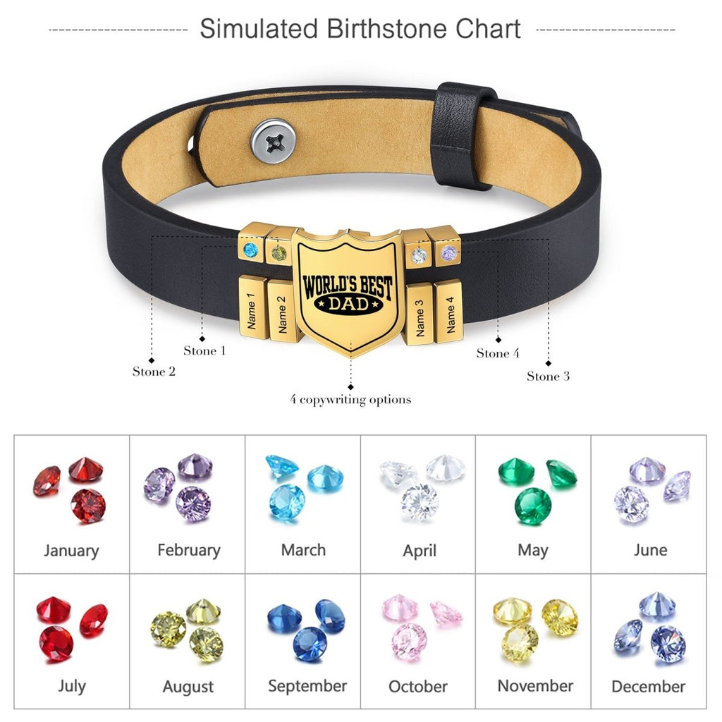 Personalized stainless steel leather bracelet for dads, adjustable, with birthstones and engraved names, gold/white gold plated, 20.6-26cm.