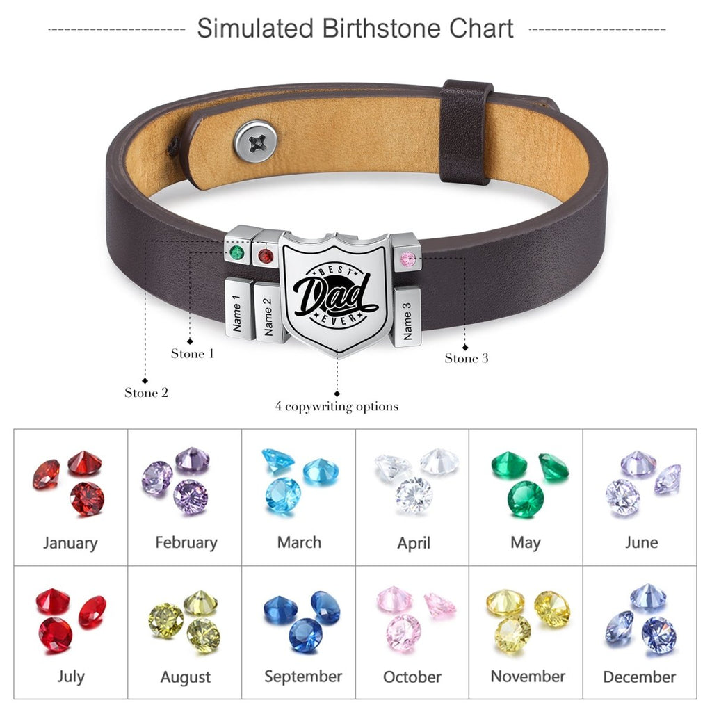 Personalized stainless steel leather bracelet for dads, adjustable, with birthstones and engraved names, gold/white gold plated, 20.6-26cm.