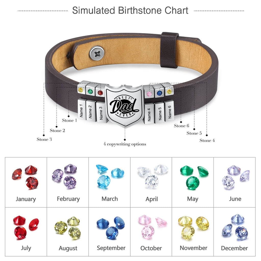 Personalized stainless steel leather bracelet for dads, adjustable, with birthstones and engraved names, gold/white gold plated, 20.6-26cm.