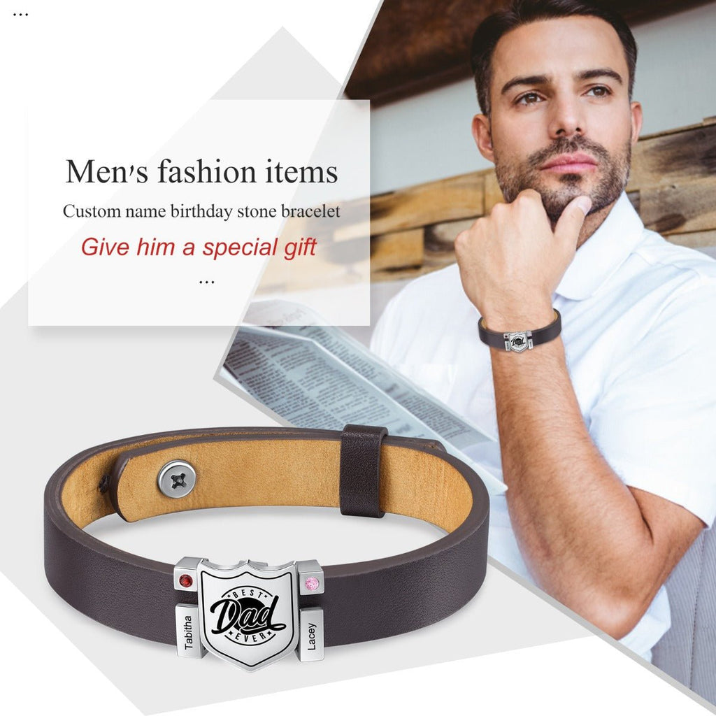 Personalized stainless steel leather bracelet for dads, adjustable, with birthstones and engraved names, gold/white gold plated, 20.6-26cm.