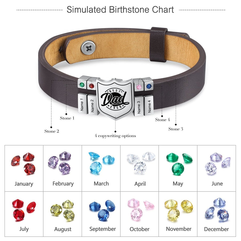 Personalized stainless steel leather bracelet for dads, adjustable, with birthstones and engraved names, gold/white gold plated, 20.6-26cm.
