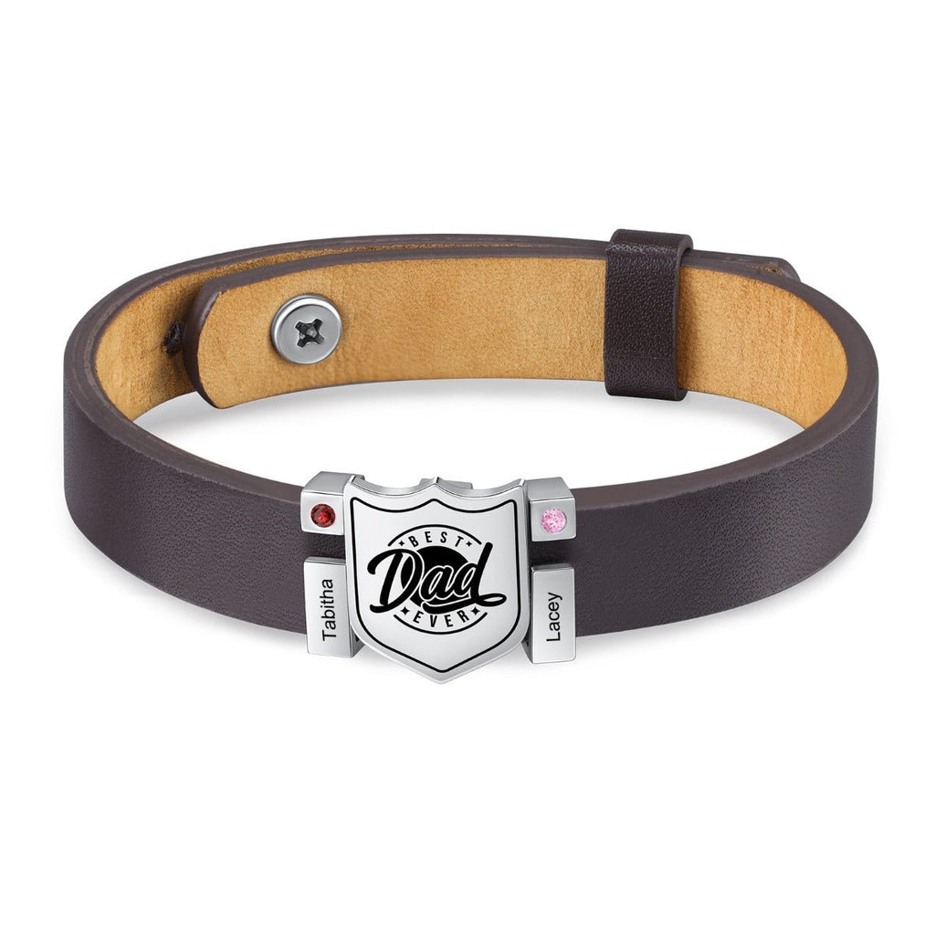 Personalized stainless steel leather bracelet for dads, adjustable, with birthstones and engraved names, gold/white gold plated, 20.6-26cm.