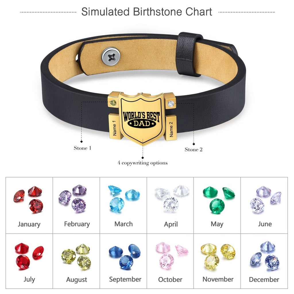 Personalized stainless steel leather bracelet for dads, adjustable, with birthstones and engraved names, gold/white gold plated, 20.6-26cm.
