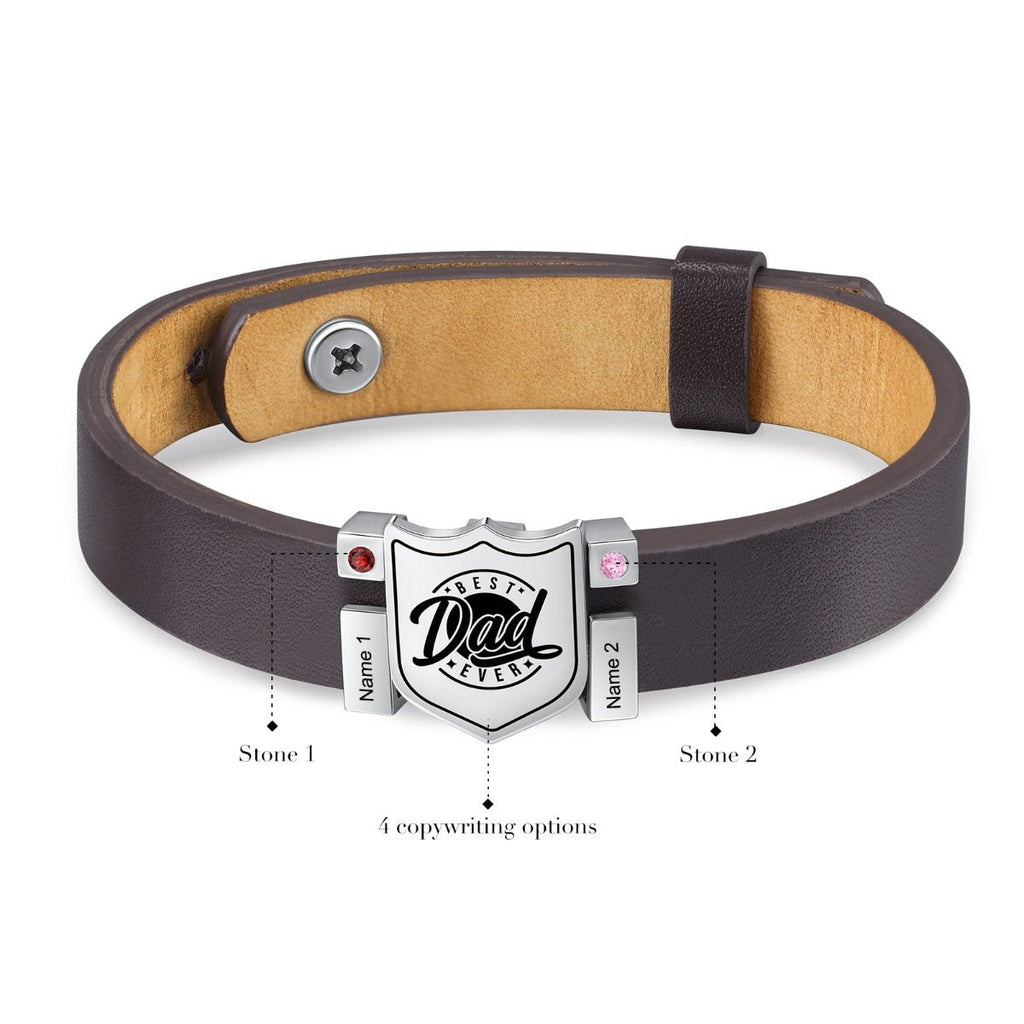 Personalized stainless steel leather bracelet for dads, adjustable, with birthstones and engraved names, gold/white gold plated, 20.6-26cm.