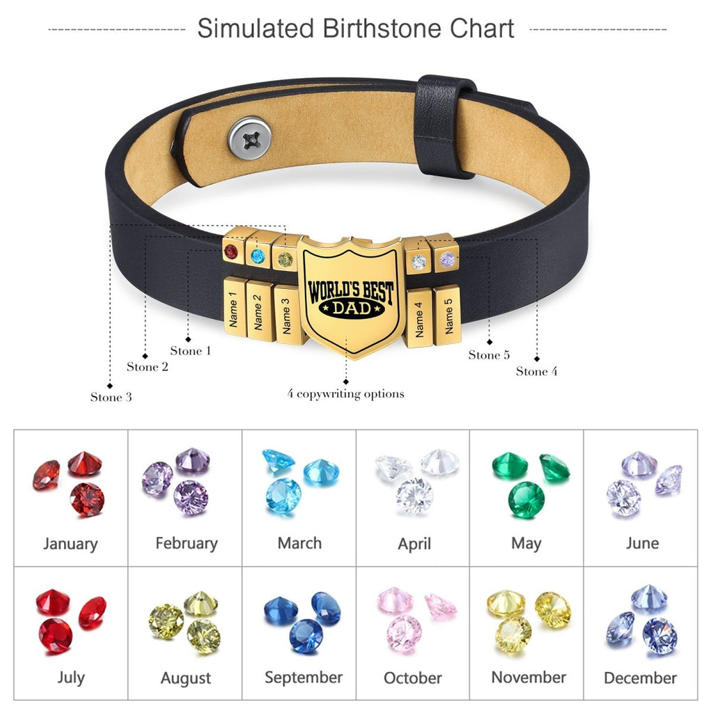 Personalized stainless steel leather bracelet for dads, adjustable, with birthstones and engraved names, gold/white gold plated, 20.6-26cm.