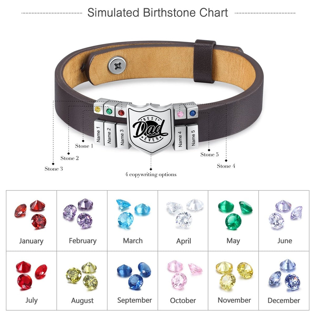 Personalized stainless steel leather bracelet for dads, adjustable, with birthstones and engraved names, gold/white gold plated, 20.6-26cm.