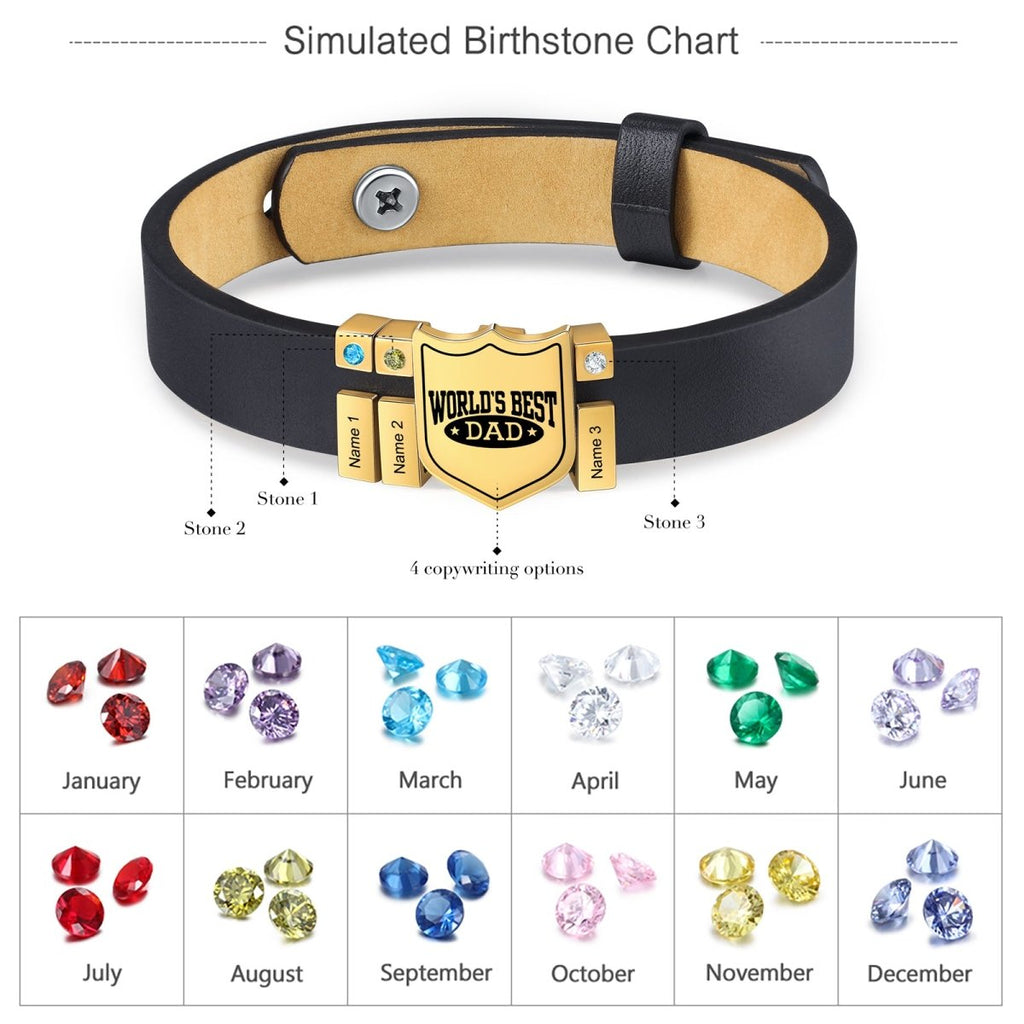 Personalized stainless steel leather bracelet for dads, adjustable, with birthstones and engraved names, gold/white gold plated, 20.6-26cm.