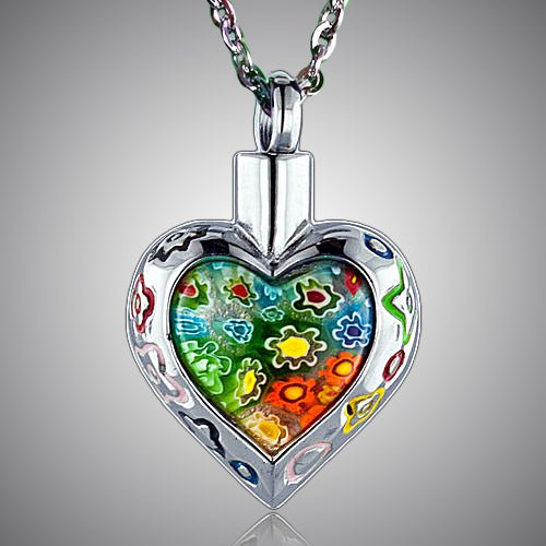 Memorial cremation ashes necklace, Murano glass heart pendant, 316L stainless steel, 22-inch chain.