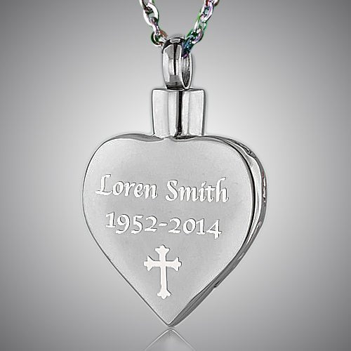 Memorial cremation ashes necklace, Murano glass heart pendant, 316L stainless steel, 22-inch chain.