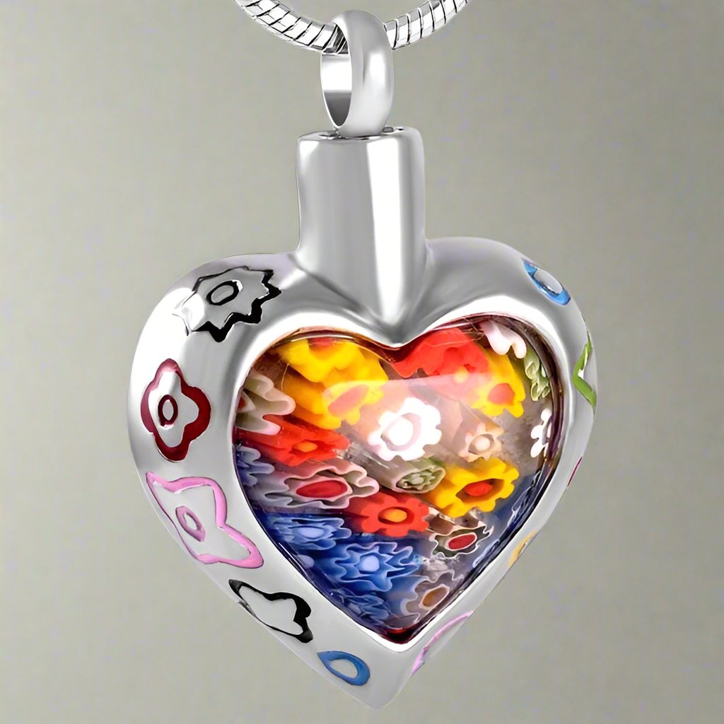 Memorial cremation ashes necklace, Murano glass heart pendant, 316L stainless steel, 22-inch chain.