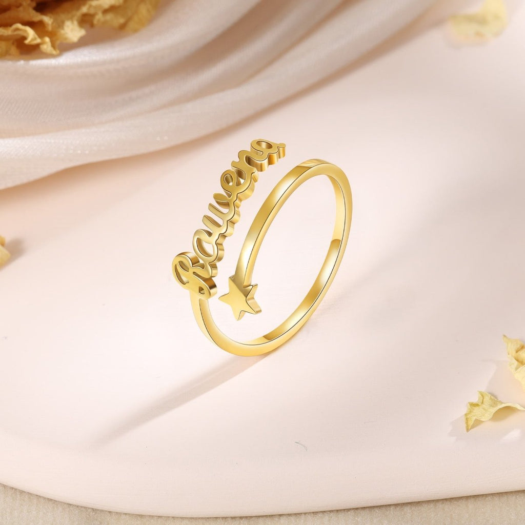 Personalized star name adjustable open ring, stainless steel/gold/rose gold plated, 5g.