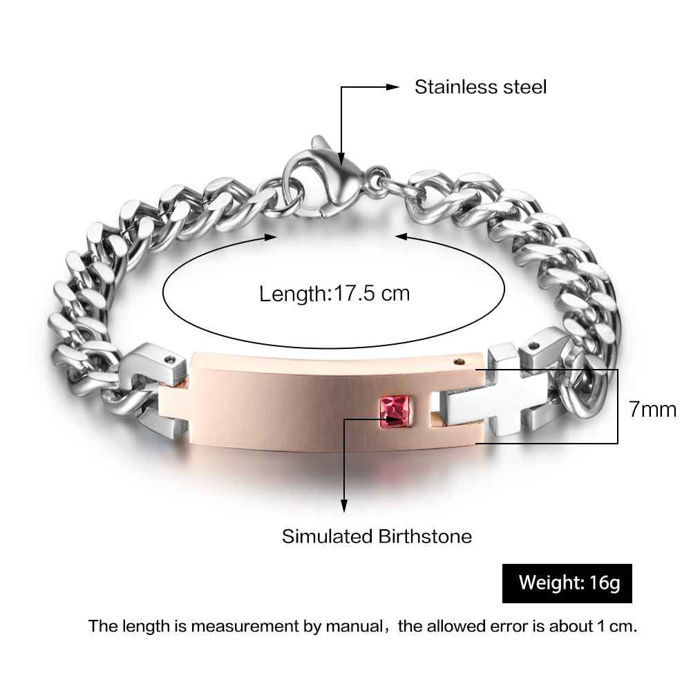 Personalized stainless steel men's bracelet with birthstone, cross hinge design, 19.5cm, 23g.