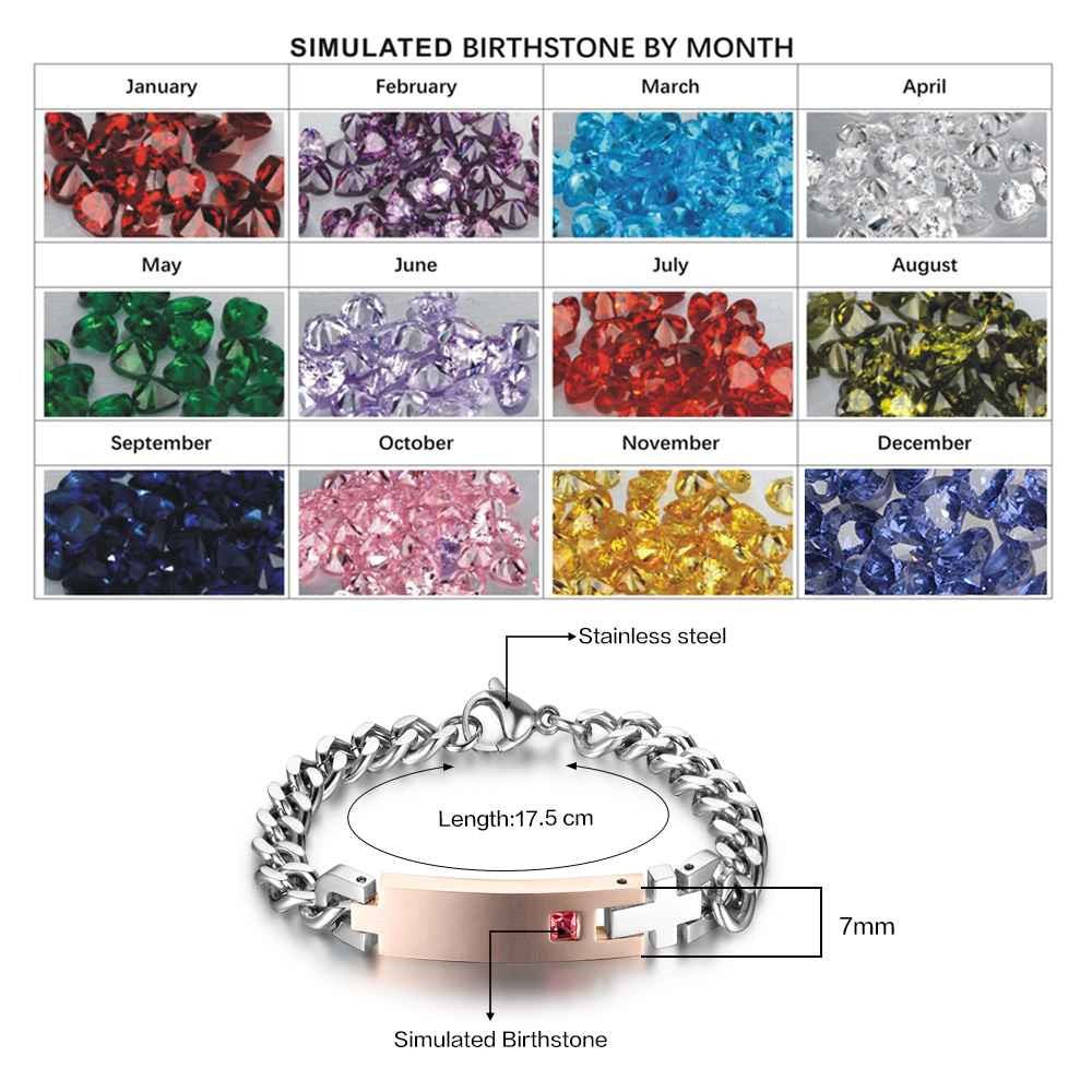Personalized stainless steel men's bracelet with birthstone, cross hinge design, 19.5cm, 23g.