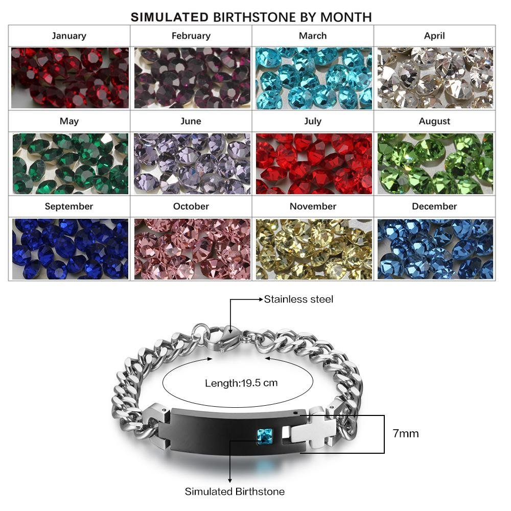Personalized stainless steel men's bracelet with birthstone, cross hinge design, 19.5cm, 23g.