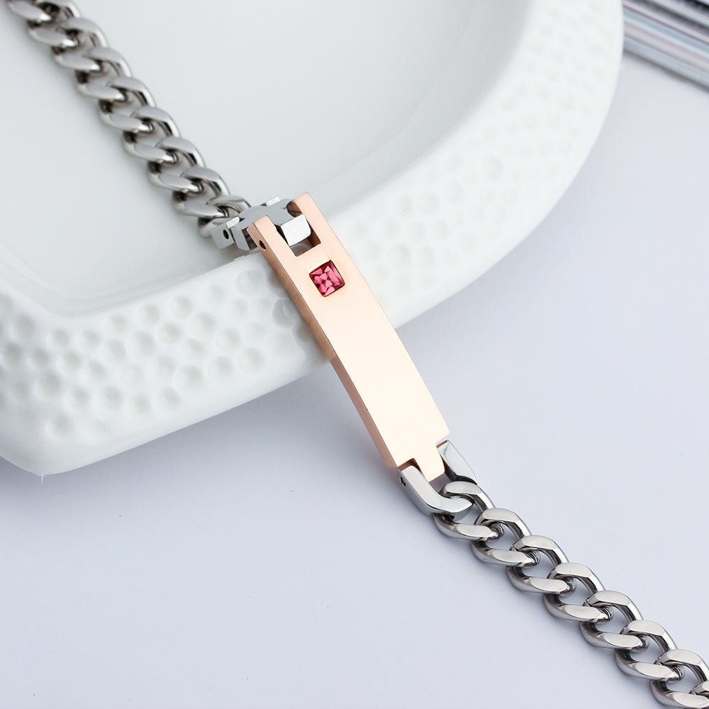 Personalized stainless steel men's bracelet with birthstone, cross hinge design, 19.5cm, 23g.