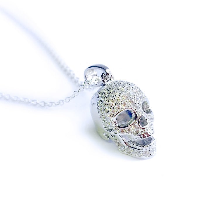 Sterling Silver CZ Skull Pendant and Chain - Engraved Memories