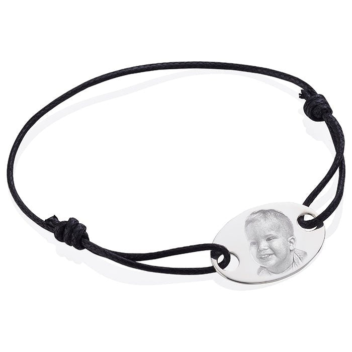 Sterling Silver Oval Black Cord Bracelet | Engravable - Engraved Memories