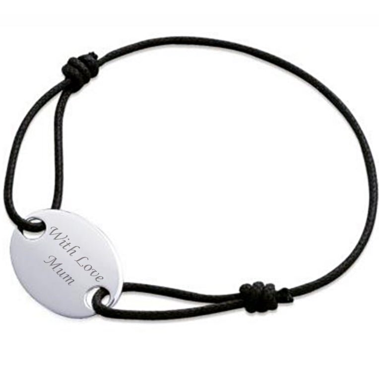Elegant sterling silver oval bracelet with black cord, engravable for personalized messages or photos. 