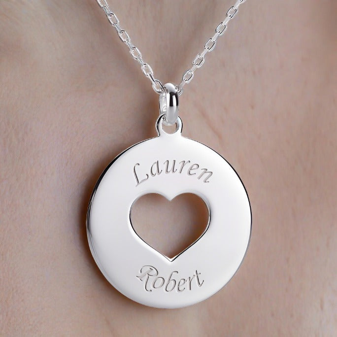 Personalised sterling silver heart necklace with custom engraving, perfect for any occasion. Elegant and unique design.