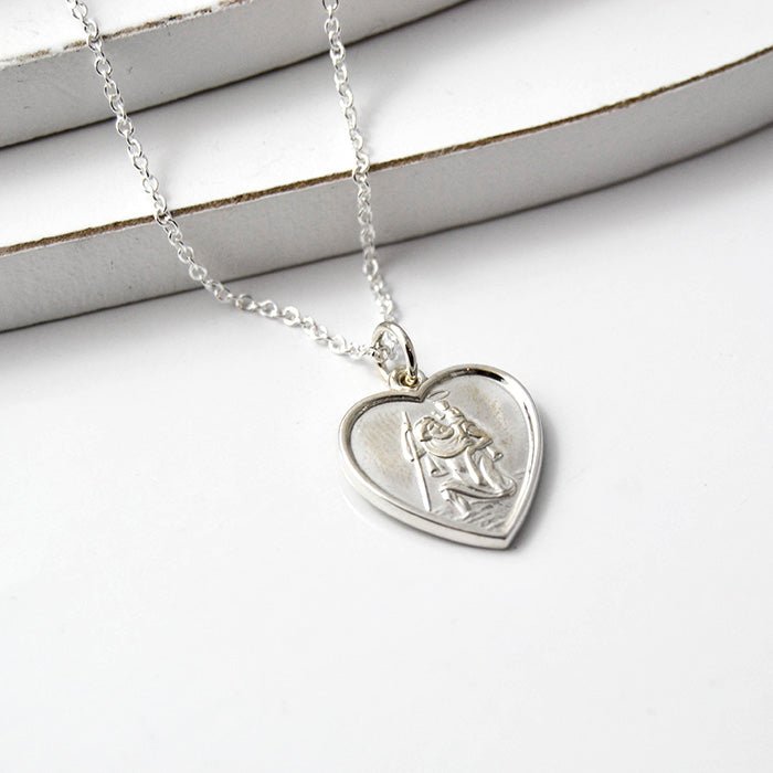 Sterling Silver Saint Christopher Heart Pendant with 20 inch Necklace - Engraved Memories