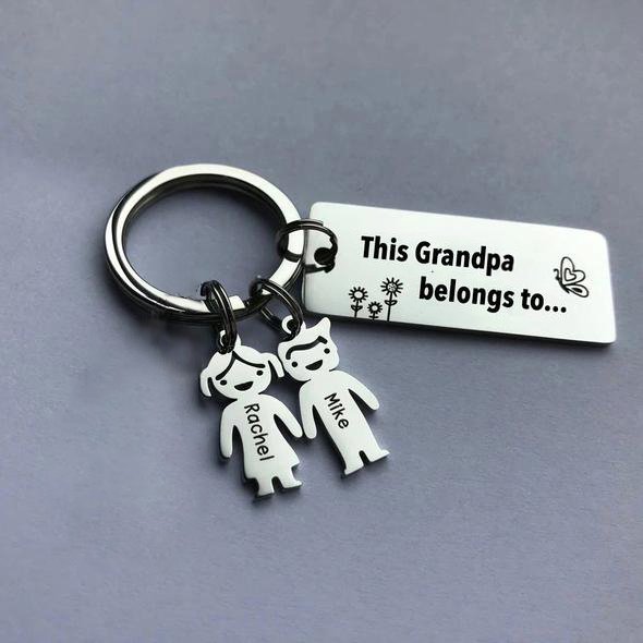 Personalized 'This person belongs to' keyring, stainless steel, up to 6 engraved child charms, 7.1-17.1g.
