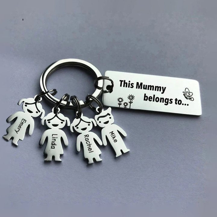 Personalized 'This person belongs to' keyring, stainless steel, up to 6 engraved child charms, 7.1-17.1g.