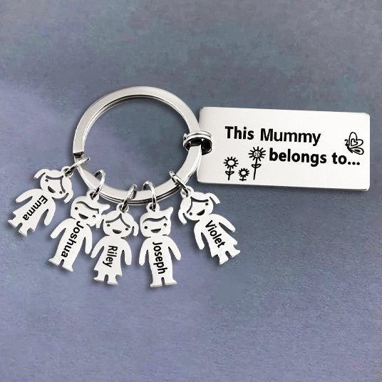 Personalized 'This person belongs to' keyring, stainless steel, up to 6 engraved child charms, 7.1-17.1g.