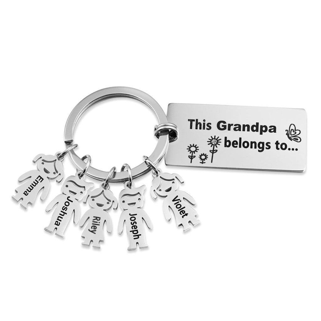 Personalized 'This person belongs to' keyring, stainless steel, up to 6 engraved child charms, 7.1-17.1g.