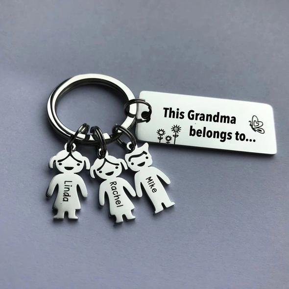 Personalized 'This person belongs to' keyring, stainless steel, up to 6 engraved child charms, 7.1-17.1g.