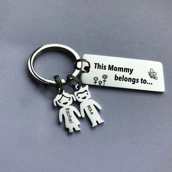 Personalized 'This person belongs to' keyring, stainless steel, up to 6 engraved child charms, 7.1-17.1g.