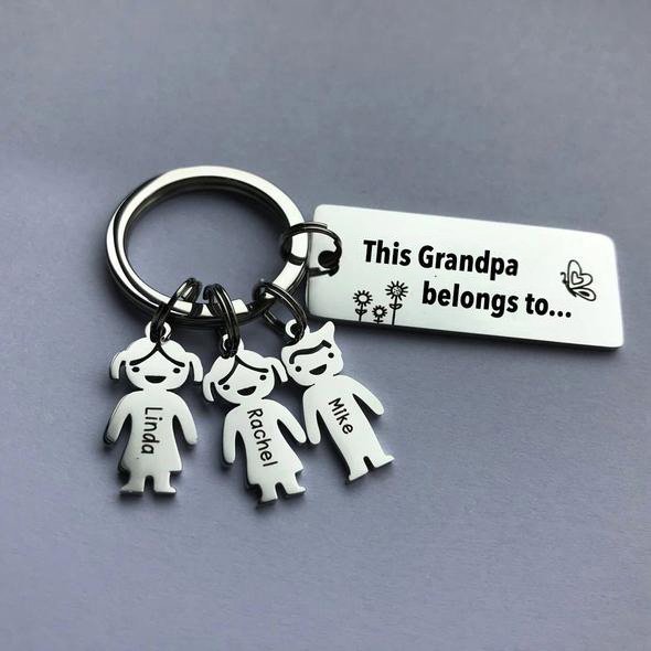 Personalized 'This person belongs to' keyring, stainless steel, up to 6 engraved child charms, 7.1-17.1g.