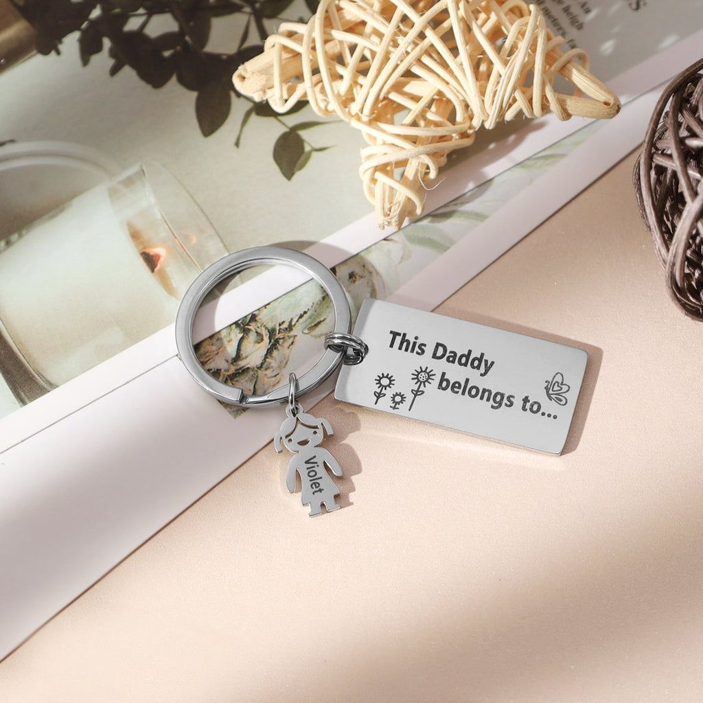 Personalized 'This person belongs to' keyring, stainless steel, up to 6 engraved child charms, 7.1-17.1g.