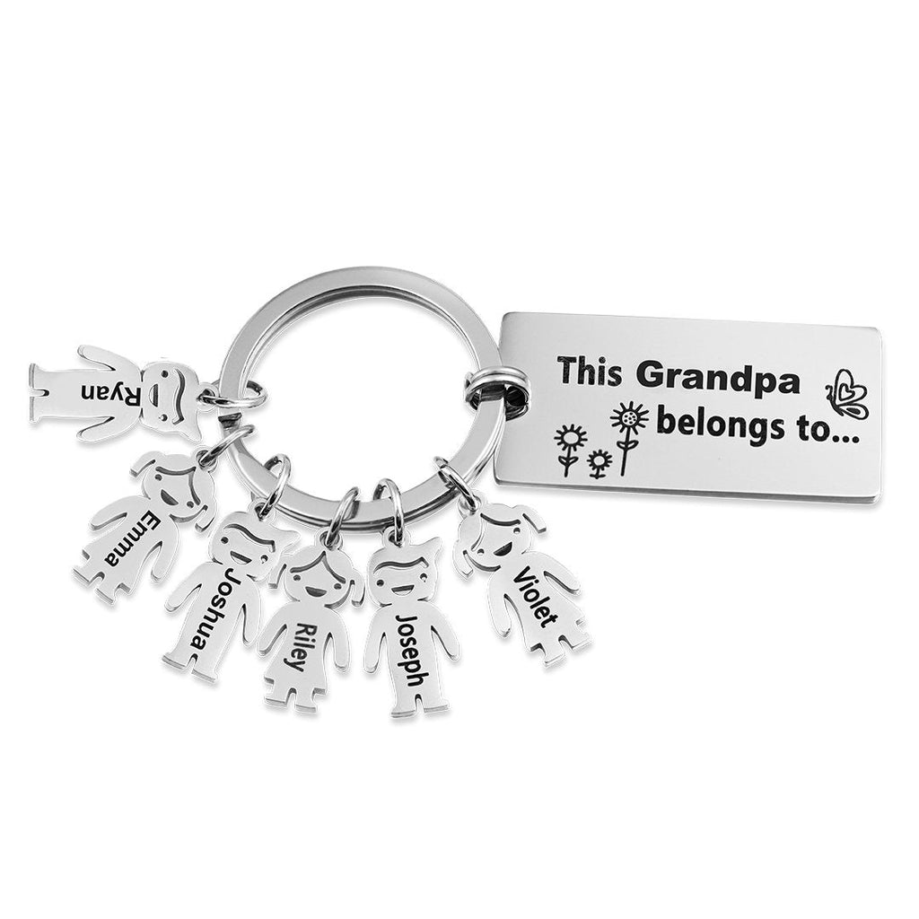 Personalized 'This person belongs to' keyring, stainless steel, up to 6 engraved child charms, 7.1-17.1g.
