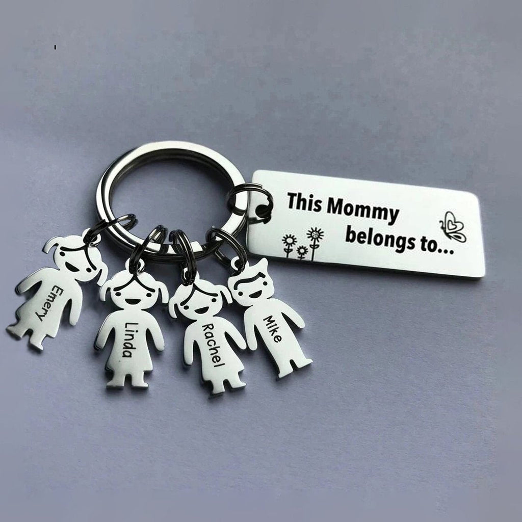 Personalized 'This person belongs to' keyring, stainless steel, up to 6 engraved child charms, 7.1-17.1g.