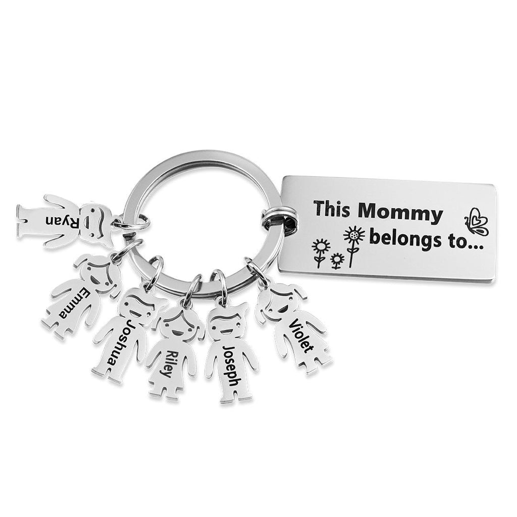 Personalized 'This person belongs to' keyring, stainless steel, up to 6 engraved child charms, 7.1-17.1g.