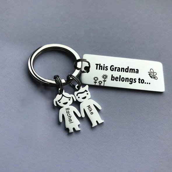 Personalized 'This person belongs to' keyring, stainless steel, up to 6 engraved child charms, 7.1-17.1g.
