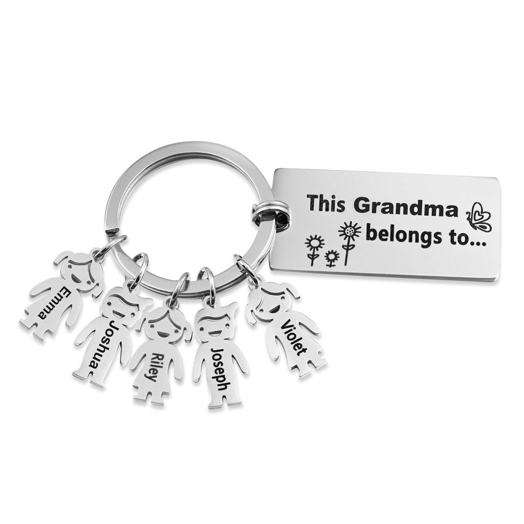 Personalized 'This person belongs to' keyring, stainless steel, up to 6 engraved child charms, 7.1-17.1g.