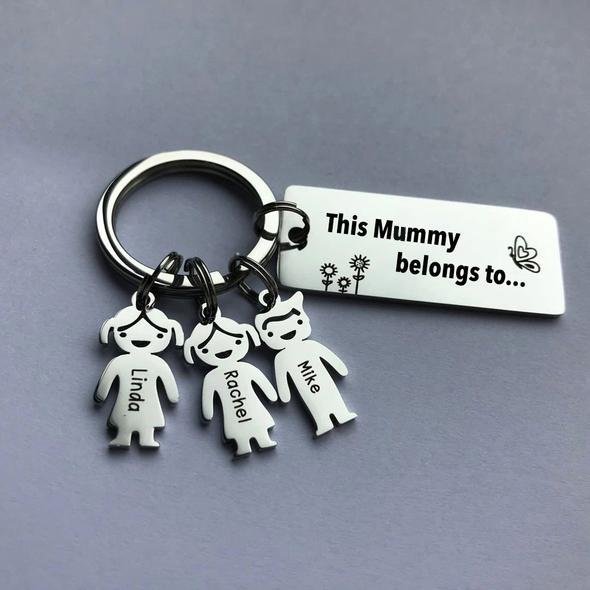 Personalized 'This person belongs to' keyring, stainless steel, up to 6 engraved child charms, 7.1-17.1g.