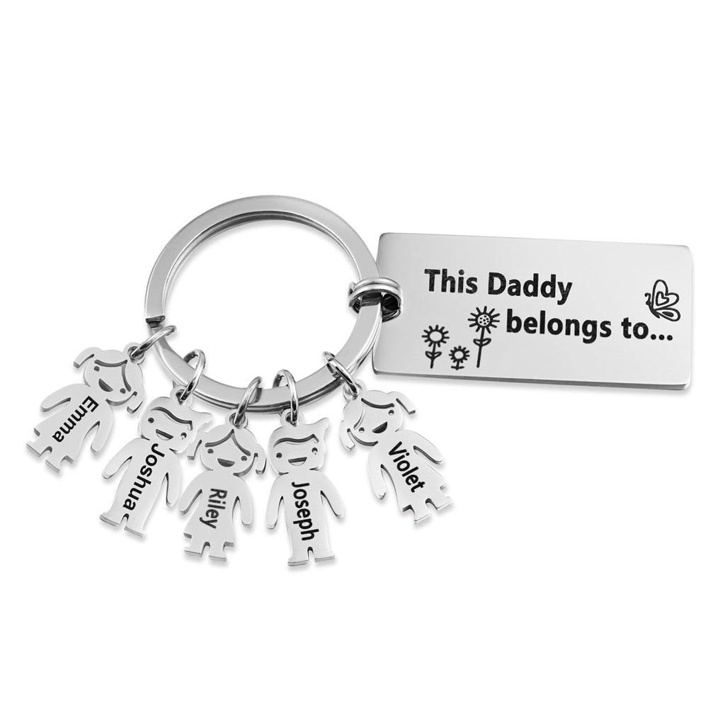 Personalized 'This person belongs to' keyring, stainless steel, up to 6 engraved child charms, 7.1-17.1g.