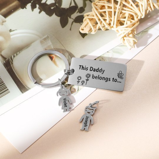 Personalized 'This person belongs to' keyring, stainless steel, up to 6 engraved child charms, 7.1-17.1g.